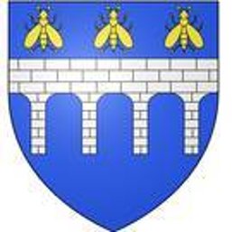 Das Stadtwappen von Barentin Ein blaues Wappen mit Mauer und Goldenen Käfern