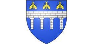 Das Stadtwappen von Barentin Ein blaues Wappen mit Mauer und Goldenen Käfern