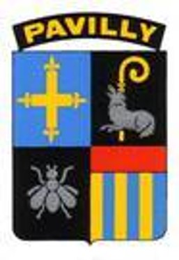 Das Stadtwappen von Pavilly Ein blau-schwarz-gelbes Wappen mit verschiedenen Symbolen