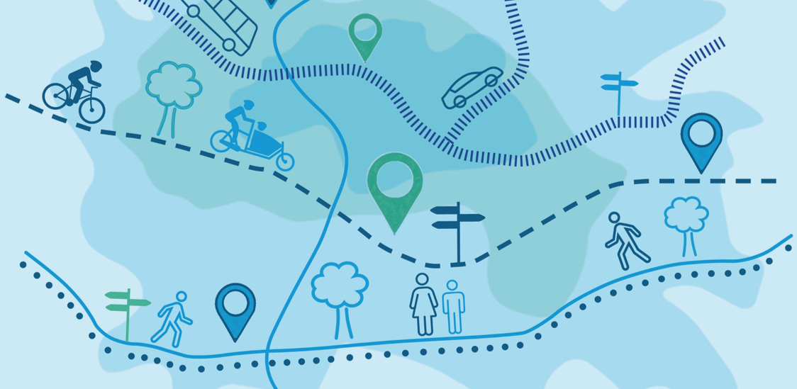 Dieses Bild zeigt schematisch unterschiedliche Mobilitätsformen und Wege, die zurückgelegt werden können.